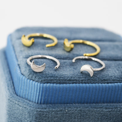 Tiny Crescent Moon Huggie Hoop Earrings in Sterling Silver, Moon Pull Through Earrings, Half Hoop Earrings, Open Hoop, Silver or Gold