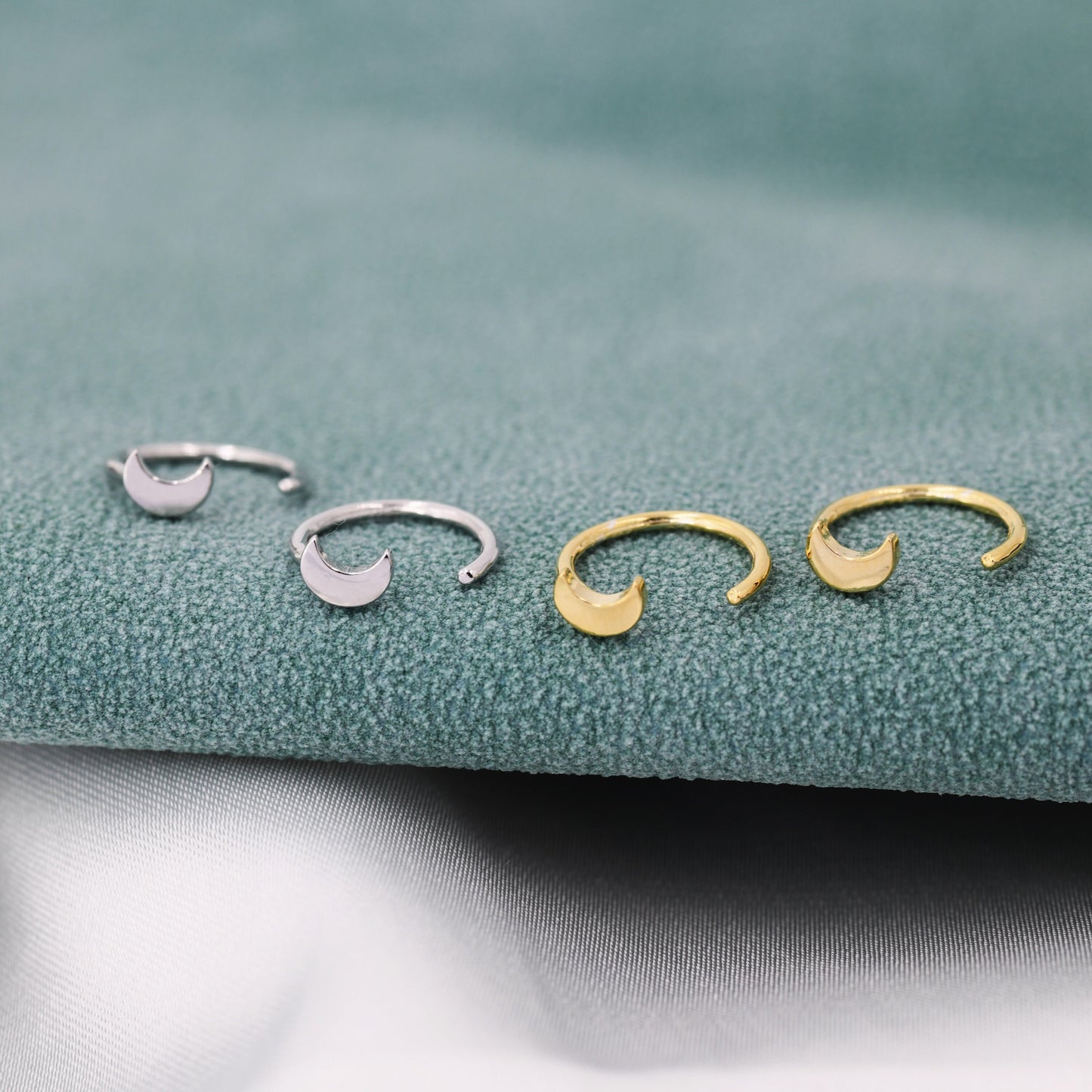 Tiny Crescent Moon Huggie Hoop Earrings in Sterling Silver, Moon Pull Through Earrings, Half Hoop Earrings, Open Hoop, Silver or Gold