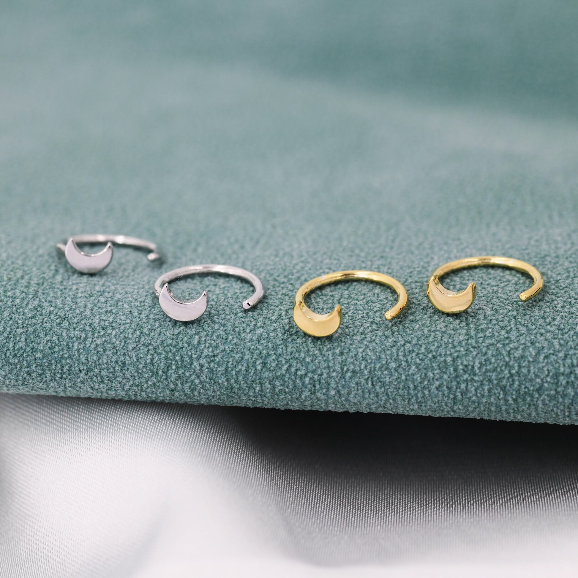 Tiny Crescent Moon Huggie Hoop Earrings in Sterling Silver, Moon Pull Through Earrings, Half Hoop Earrings, Open Hoop, Silver or Gold