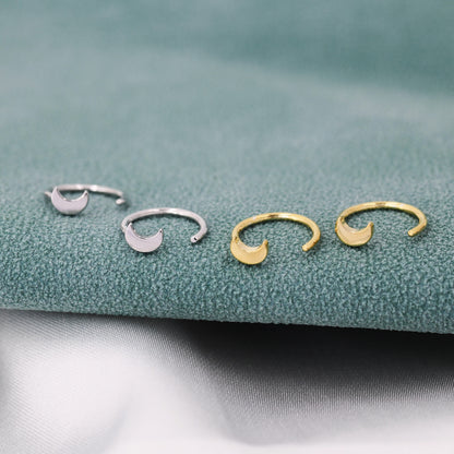 Tiny Crescent Moon Huggie Hoop Earrings in Sterling Silver, Moon Pull Through Earrings, Half Hoop Earrings,  Open Hoop, Silver or Gold