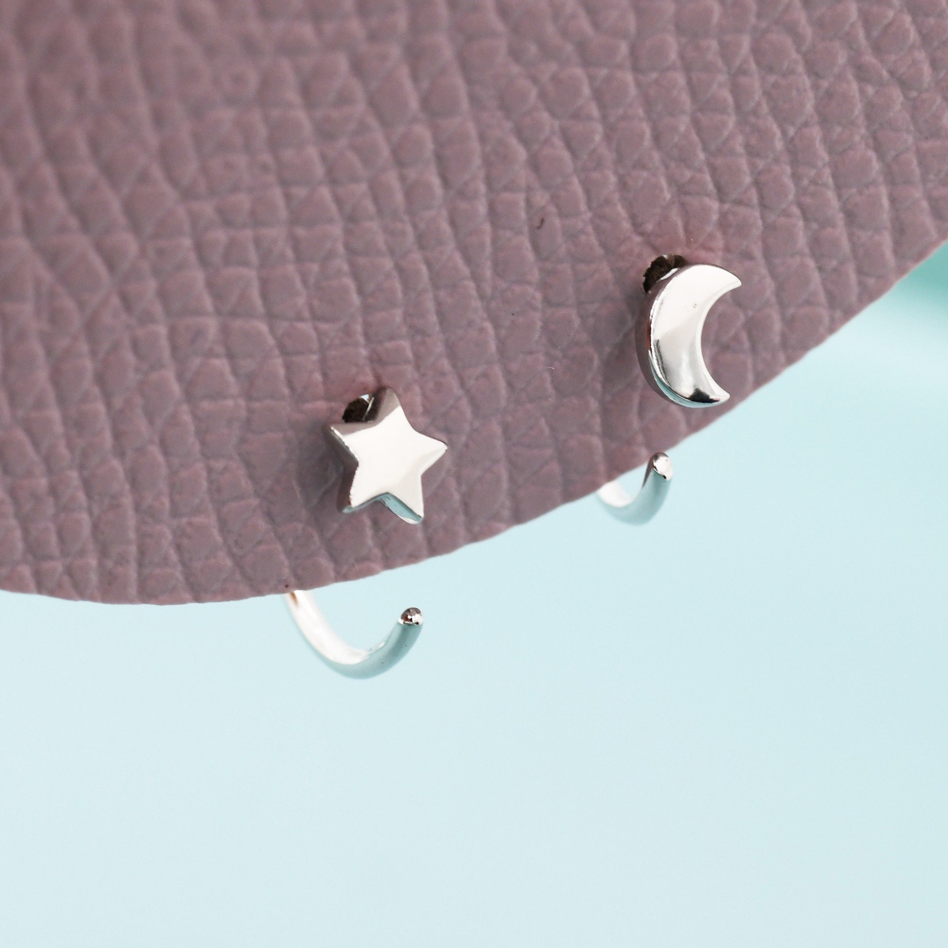 Tiny Mismatched Moon and Star Huggie Hoop Earrings in Sterling Silver, Asymmetric Pull Through Earrings, Half Hoop, Silver or Gold