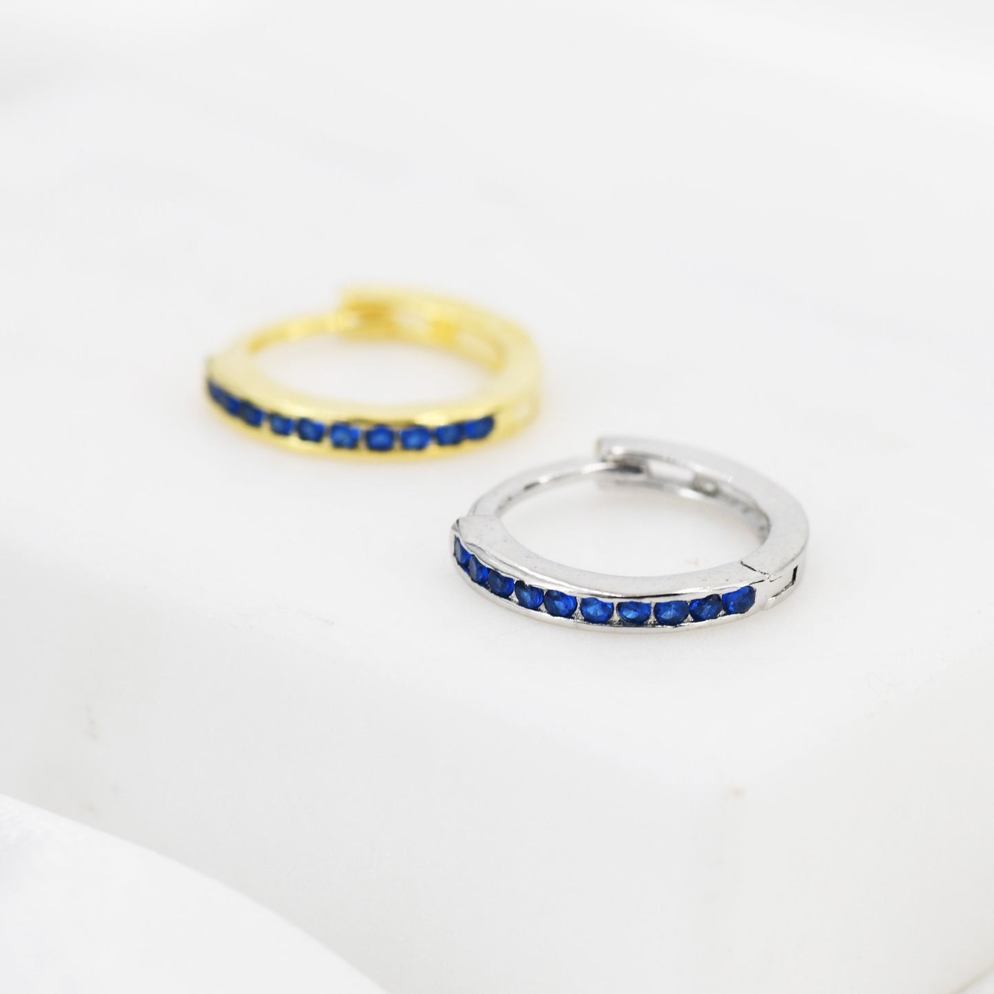 Extra Skinny Sapphire Blue Huggie Hoop in Sterling Silver, Silver or Gold, 8mm Inner Diameter Hoop Earrings, September Birthstone