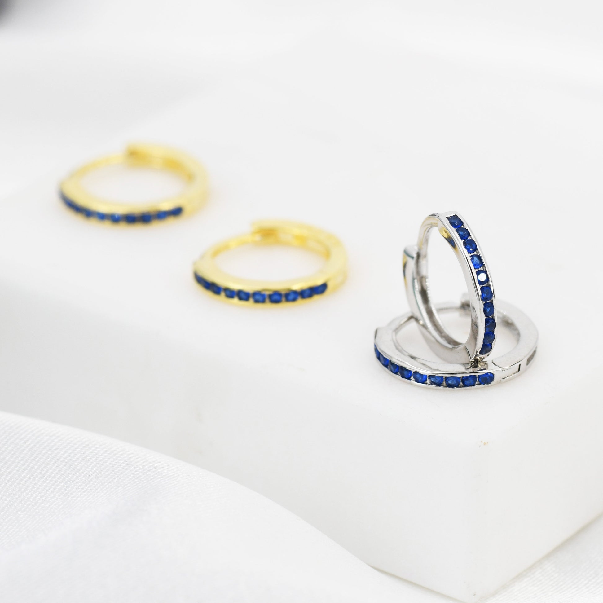 Extra Skinny Sapphire Blue Huggie Hoop in Sterling Silver, Silver or Gold, 8mm Inner Diameter Hoop Earrings, September Birthstone
