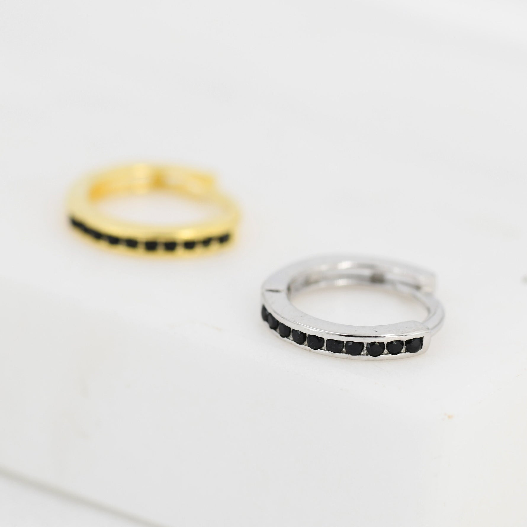 Extra Skinny Black CZ Huggie Hoop in Sterling Silver, Silver or Gold, 8mm Inner Diameter Hoop Earrings, May Birthstone