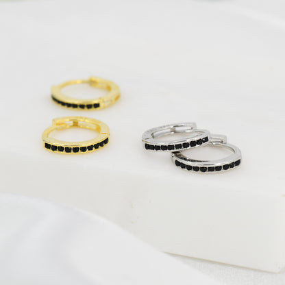 Extra Skinny Black CZ Huggie Hoop in Sterling Silver, Silver or Gold,  8mm Inner Diameter Hoop Earrings, May Birthstone