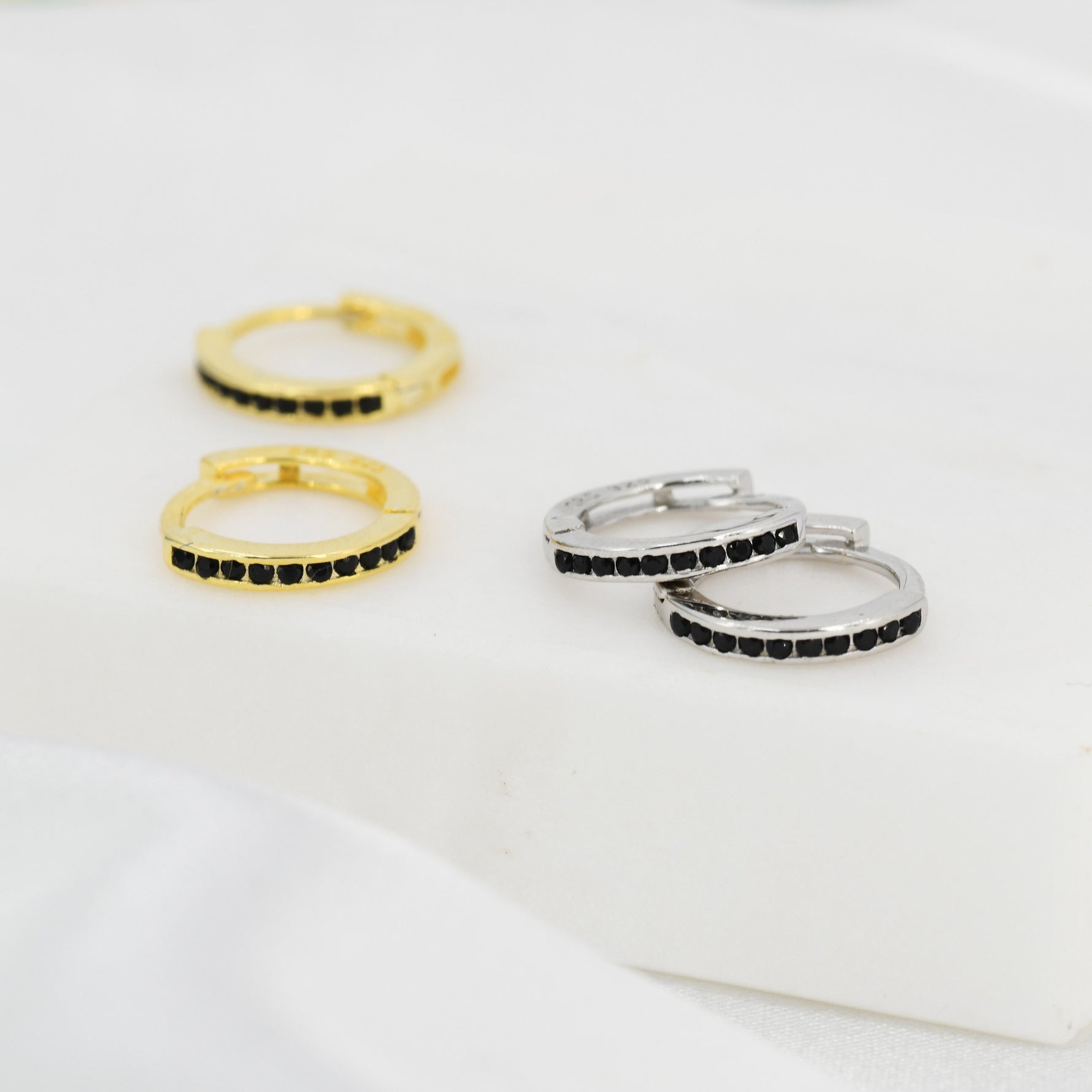Extra Skinny Black CZ Huggie Hoop in Sterling Silver, Silver or Gold, 8mm Inner Diameter Hoop Earrings, May Birthstone