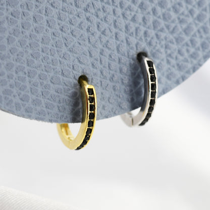 Extra Skinny Black CZ Huggie Hoop in Sterling Silver, Silver or Gold,  8mm Inner Diameter Hoop Earrings, May Birthstone