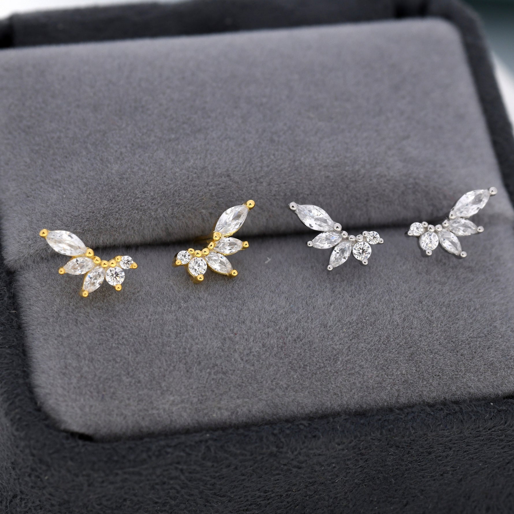 CZ Cluster Stud Earrings in Sterling Silver, Silver or Gold, Dainty Marquise Crystal Earrings, Bridesmaid's Jewellery