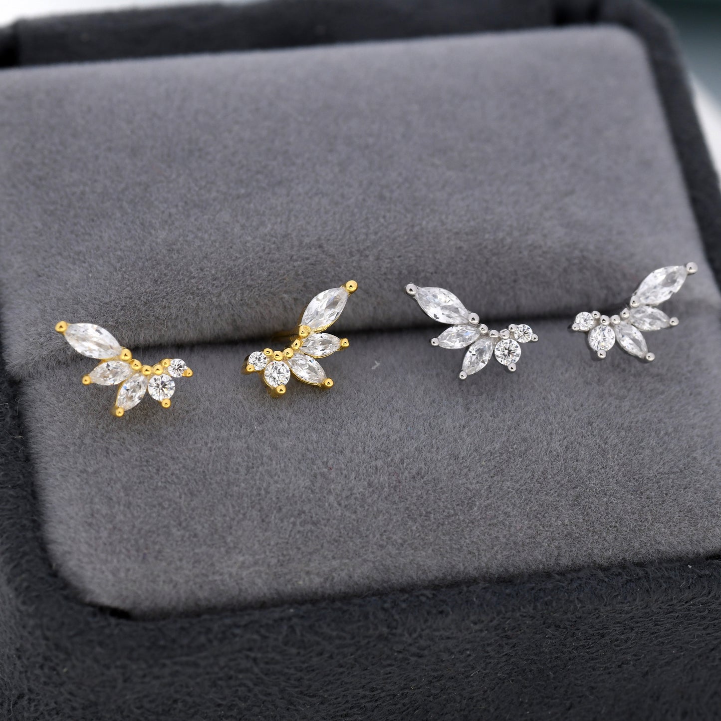 CZ Cluster Stud Earrings in Sterling Silver, Silver or Gold,  Dainty Marquise Crystal Earrings, Bridesmaid&#39;s Jewellery