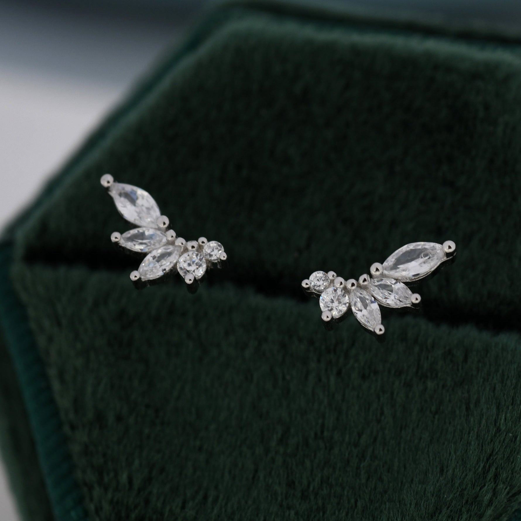 CZ Cluster Stud Earrings in Sterling Silver, Silver or Gold, Dainty Marquise Crystal Earrings, Bridesmaid's Jewellery