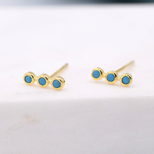 Extra Tiny Turquoise Bar Stud Earrings in Sterling Silver, Silver or Gold,  Three Dot Earrings, Blue Bar Earrings