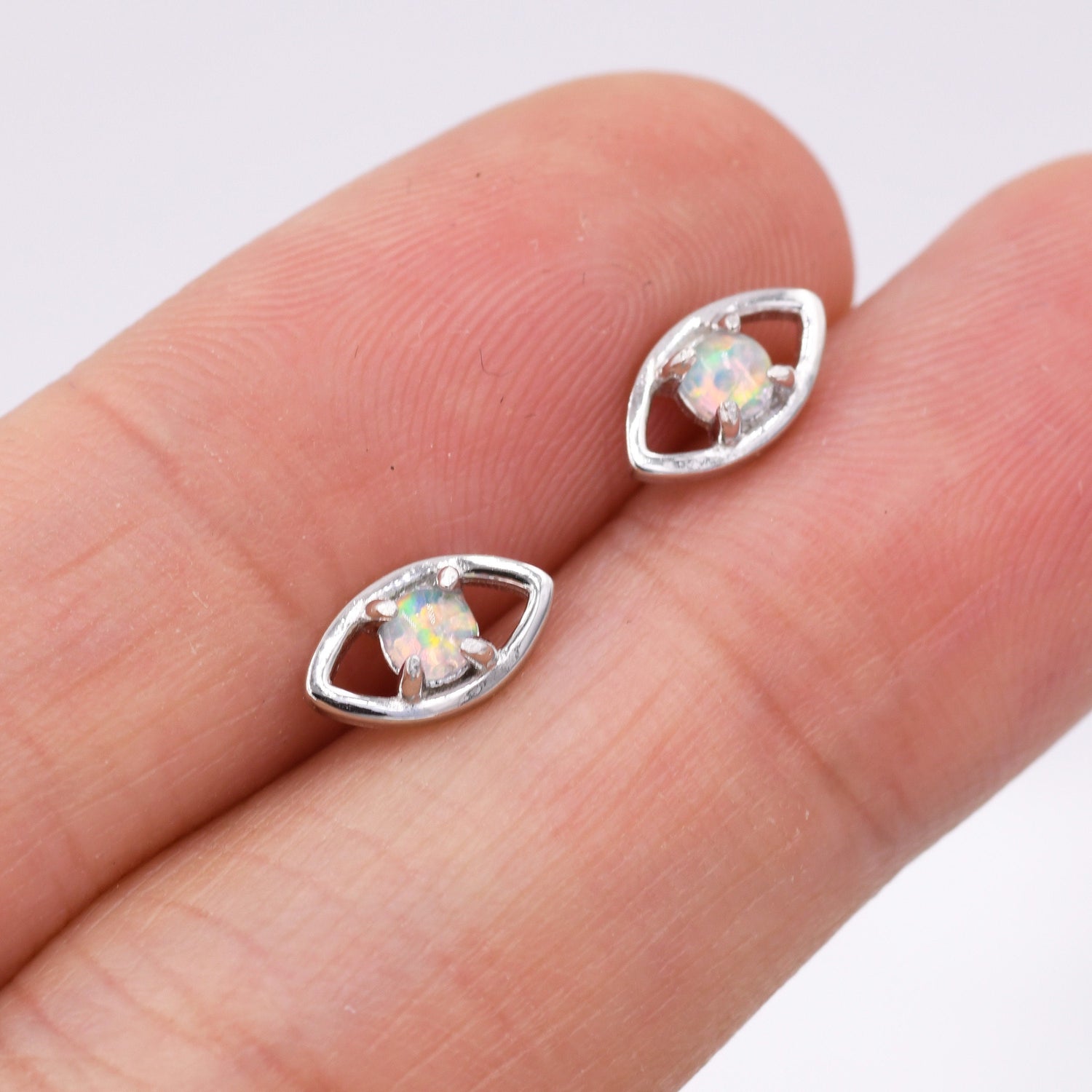 Opal Eye Stud Earrings in Sterling Silver, Silver or Gold, Eye Earrings, Opal Earrings
