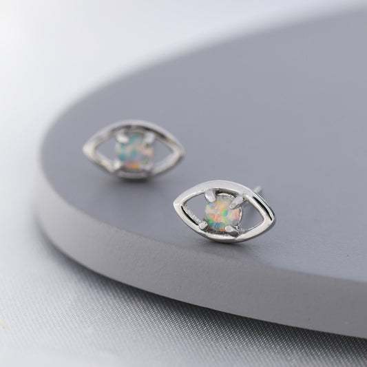 Opal Eye Stud Earrings in Sterling Silver, Silver or Gold, Eye Earrings, Opal Earrings