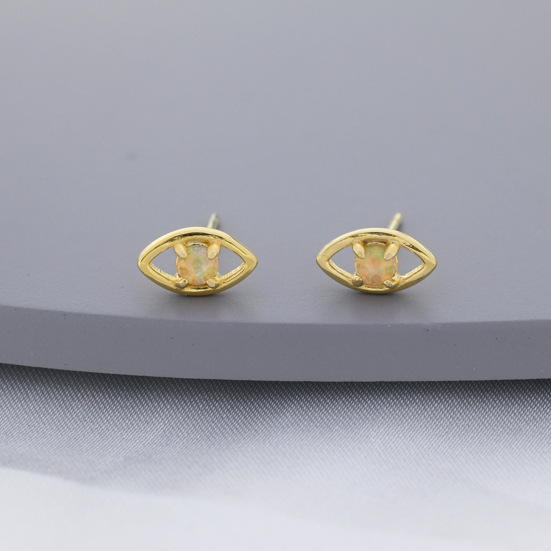 Opal Eye Stud Earrings in Sterling Silver, Silver or Gold, Eye Earrings, Opal Earrings