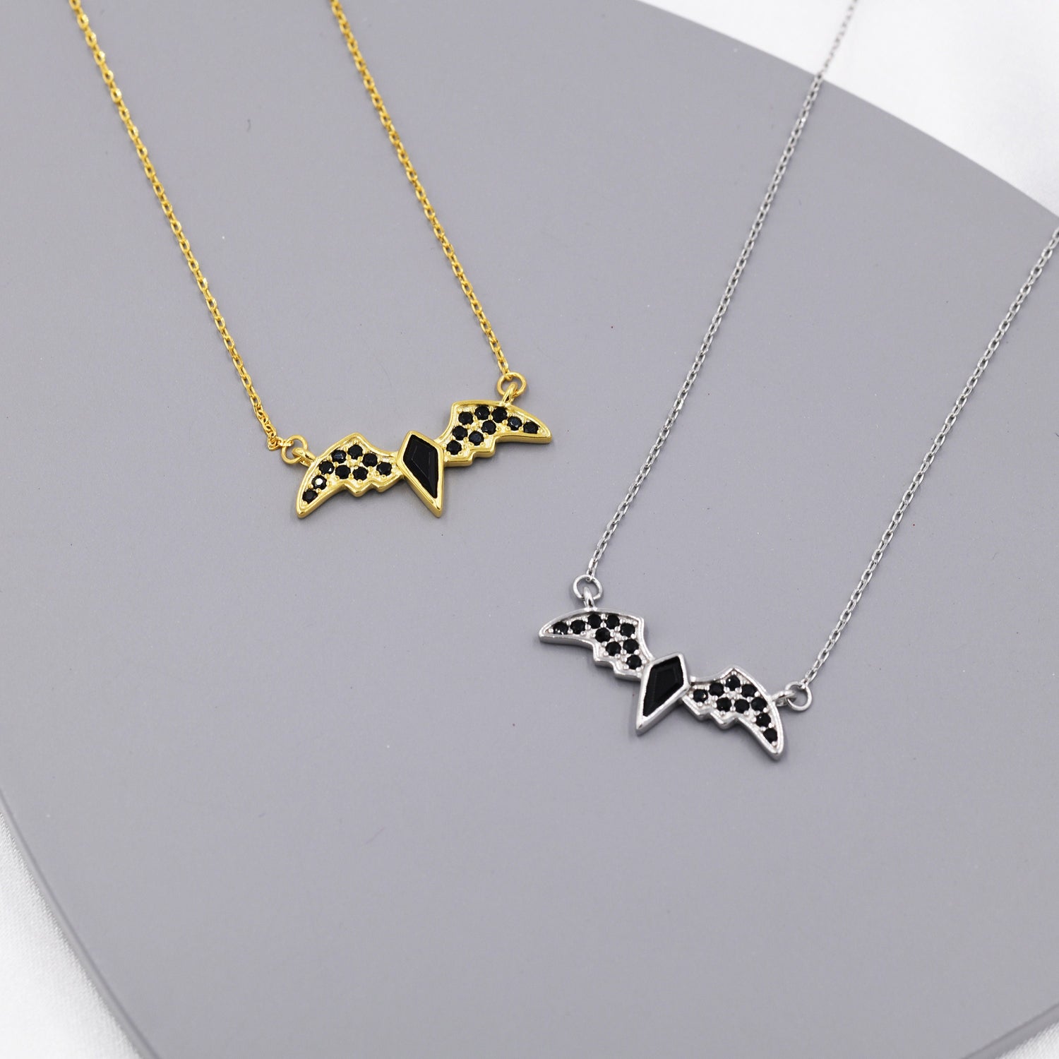 Black CZ Bat Necklace in Sterling Silver, Silver or Gold,  Nature Inspired Animal Jewellery