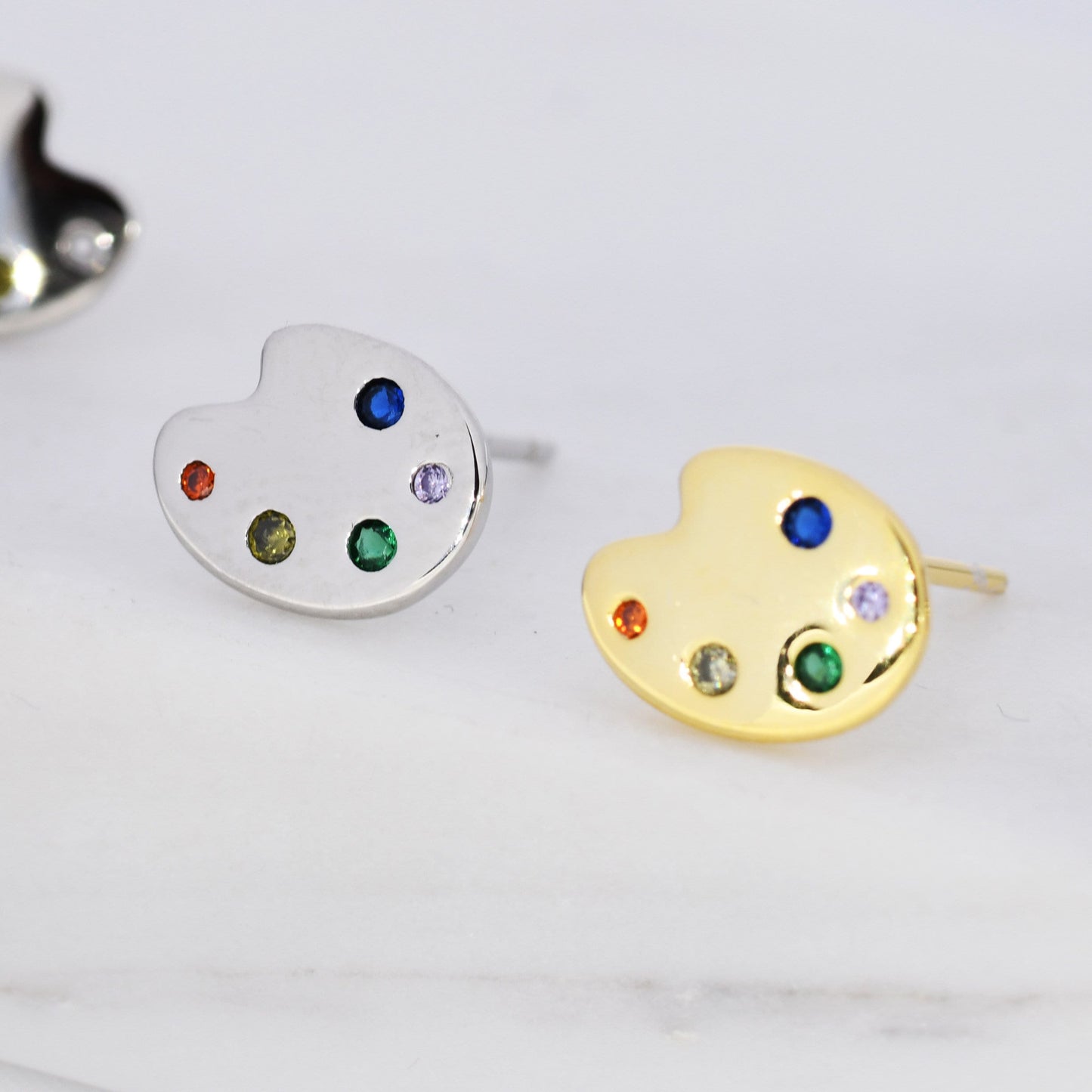 Paint Palette Stud Earrings in Sterling Silver with Multi Colour CZ Crystals, Silver or Gold, Artist&#39;s Palette