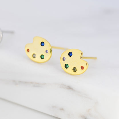 Paint Palette Stud Earrings in Sterling Silver with Multi Colour CZ Crystals, Silver or Gold, Artist&#39;s Palette