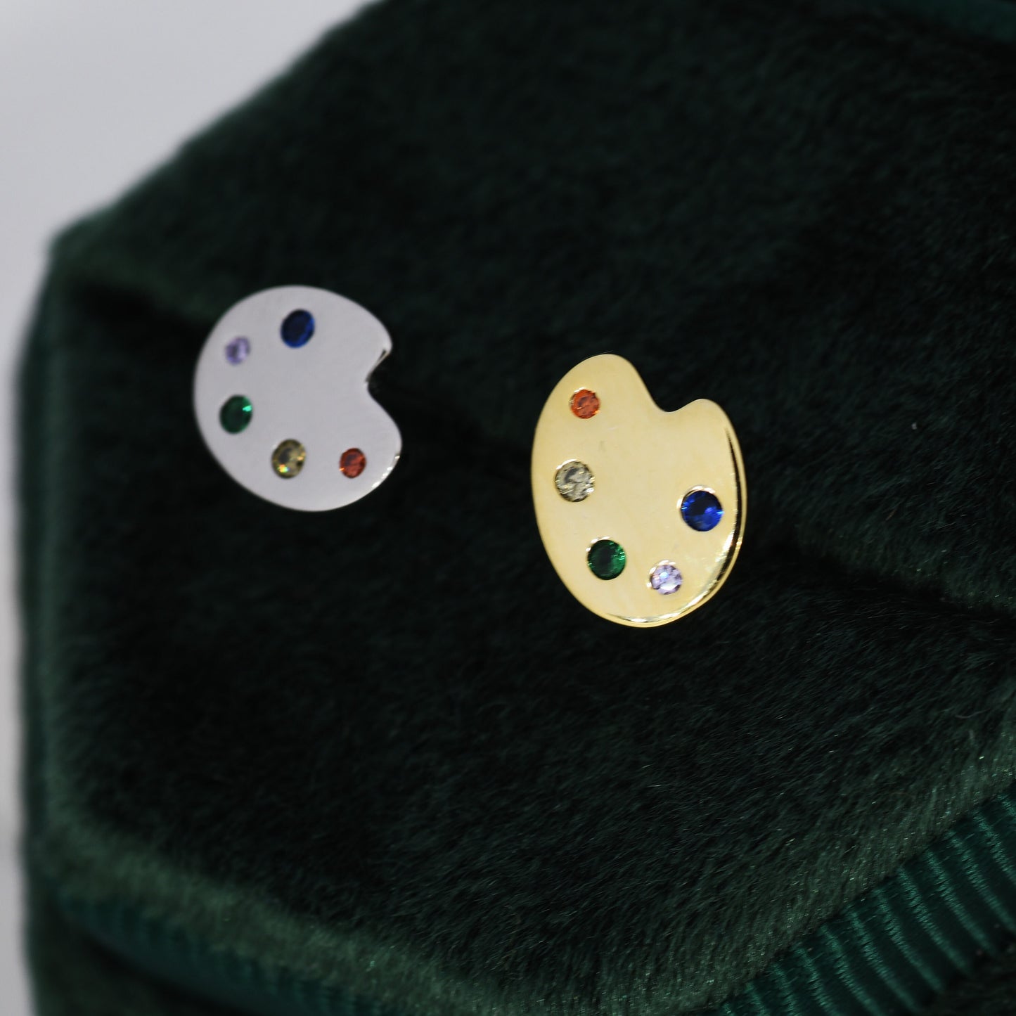 Paint Palette Stud Earrings in Sterling Silver with Multi Colour CZ Crystals, Silver or Gold, Artist&#39;s Palette