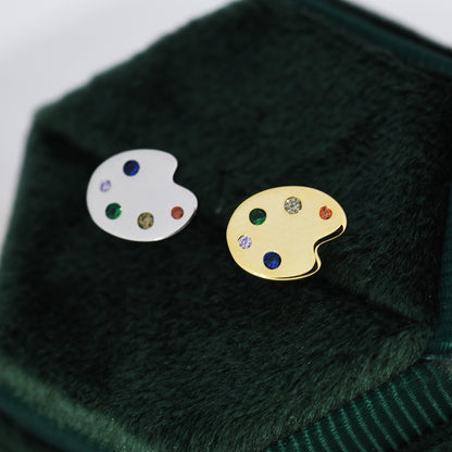 Paint Palette Stud Earrings in Sterling Silver with Multi Colour CZ Crystals, Silver or Gold, Artist&#39;s Palette