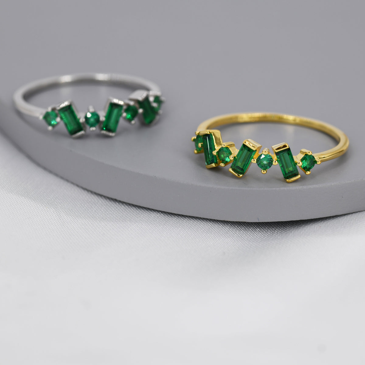 Emerald Green Baguette CZ Cluster Ring in Sterling Silver, Silver or Gold, Organic Shape CZ Ring, US 5 - 8
