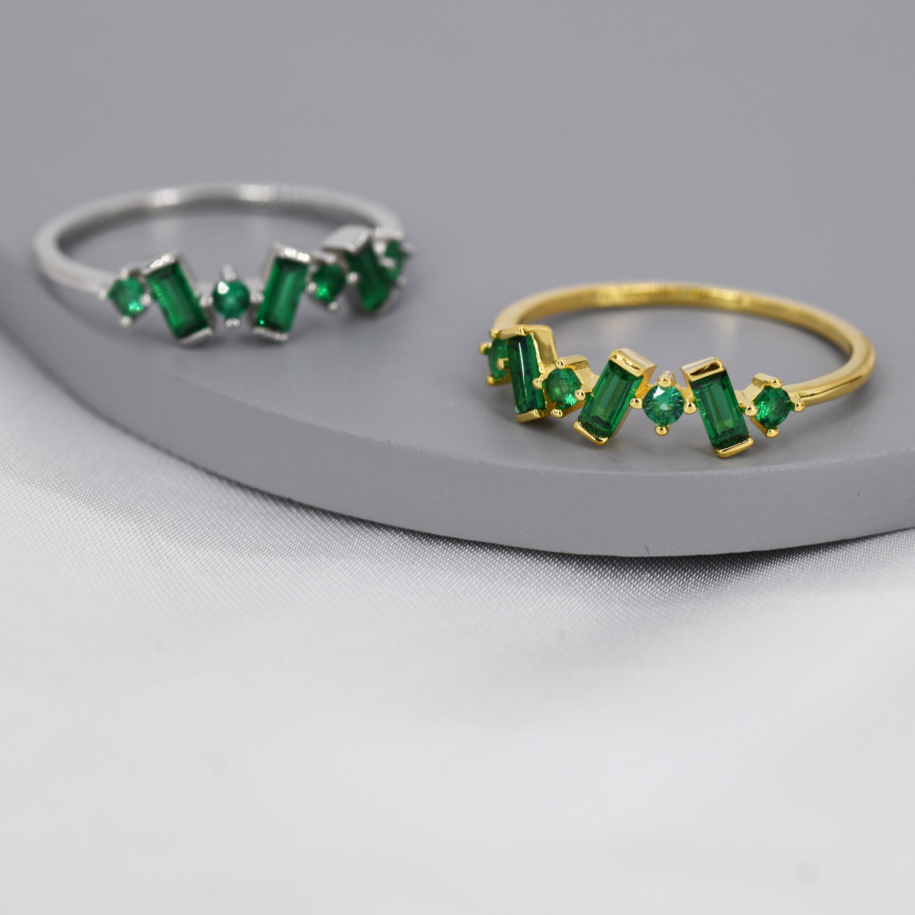 Emerald Green Baguette CZ Cluster Ring in Sterling Silver, Silver or Gold, Organic Shape CZ Ring, US 5 - 8