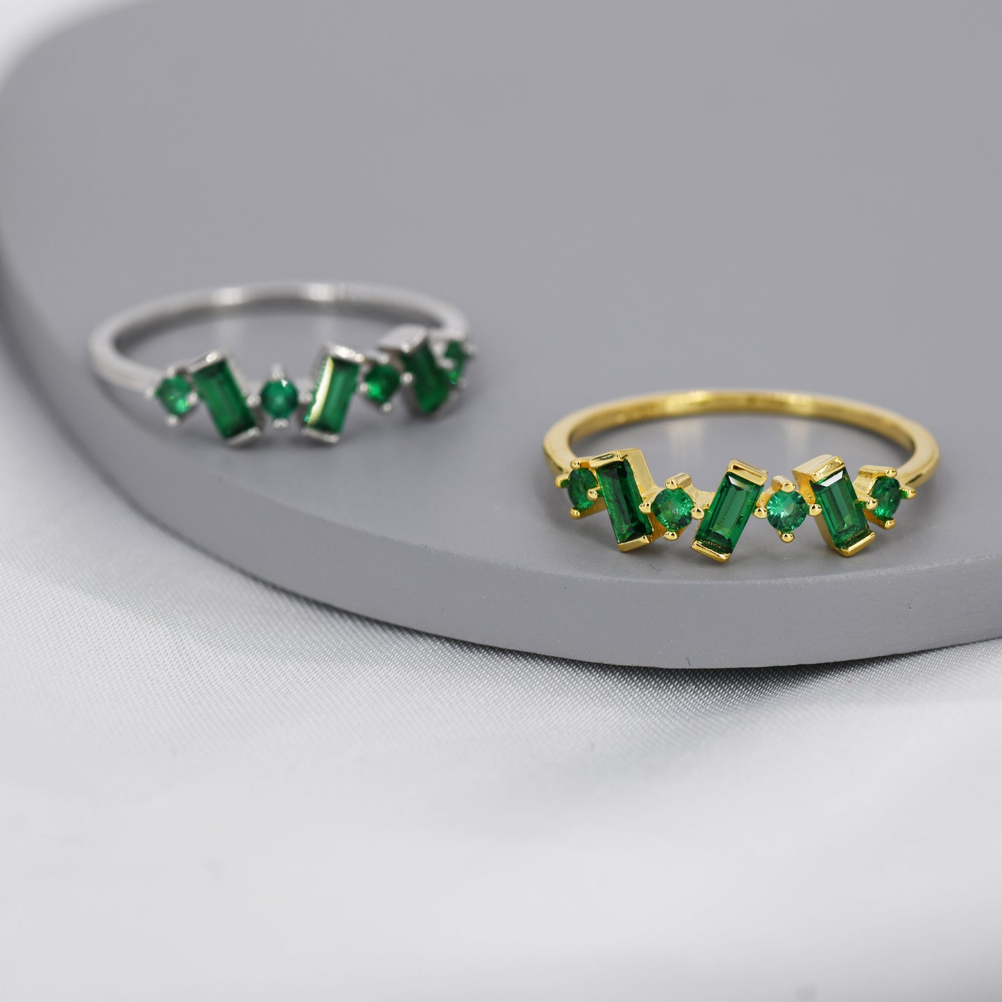 Emerald Green Baguette CZ Cluster Ring in Sterling Silver, Silver or Gold, Organic Shape CZ Ring, US 5 - 8
