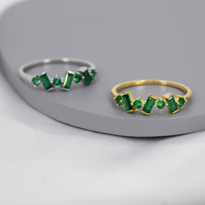 Emerald Green Baguette CZ Cluster Ring in Sterling Silver, Silver or Gold, Organic Shape CZ Ring, US 5 - 8