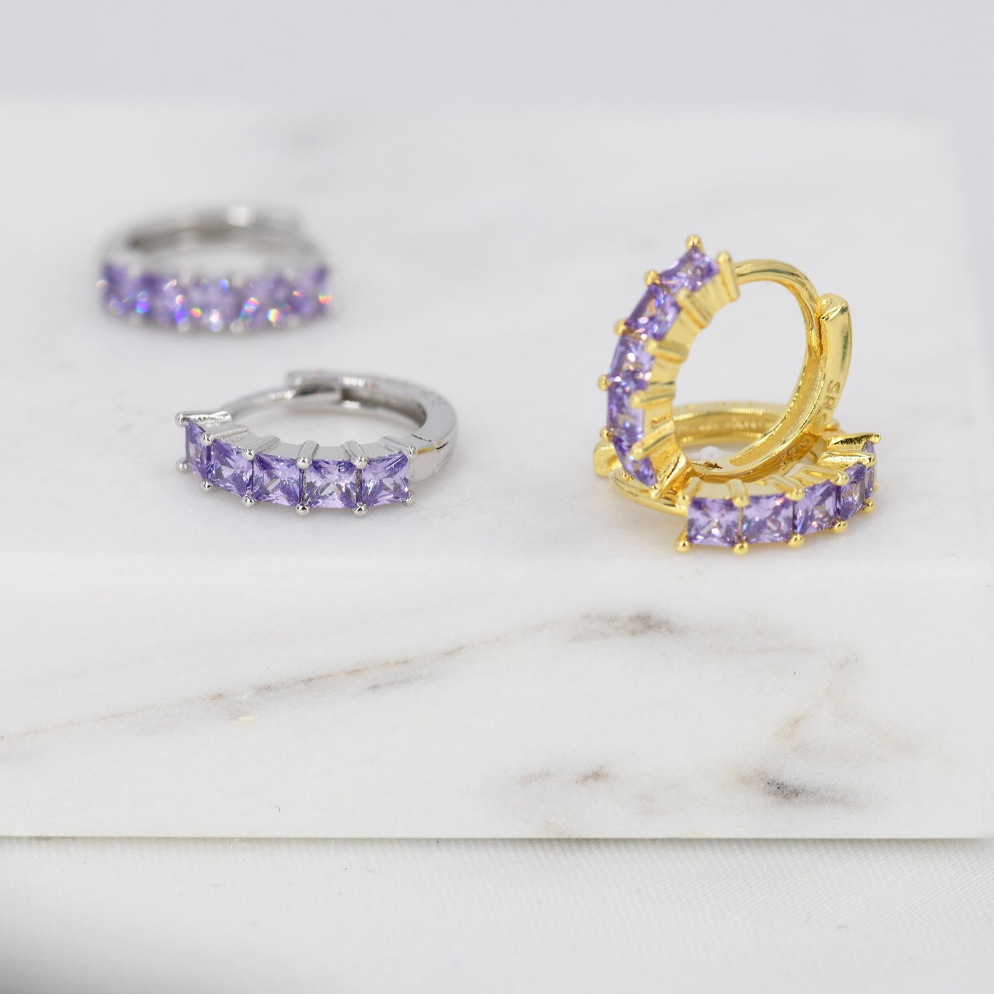 Amethyst Purple CZ Huggie Hoop in Sterling Silver, Silver or Gold, Minimalist Simple Lilac Hoop Earrings