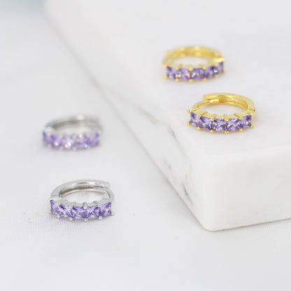 Amethyst Purple CZ Huggie Hoop in Sterling Silver, Silver or Gold, Minimalist Simple Lilac Hoop Earrings