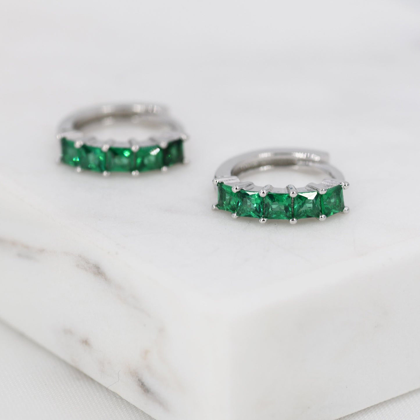 Emerald Green CZ Huggie Hoop in Sterling Silver, Silver or Gold, Minimalist Simple Hoop Earrings,