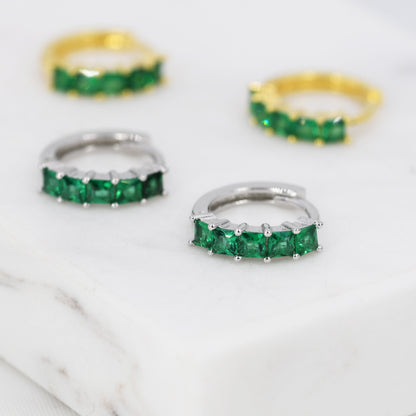 Emerald Green CZ Huggie Hoop in Sterling Silver, Silver or Gold, Minimalist Simple Hoop Earrings,