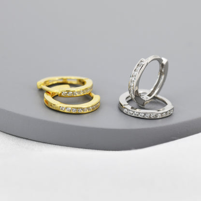 Extra Skinny Clear CZ Huggie Hoop in Sterling Silver, Silver or Gold, 8mm Inner Diameter Hoop Earrings, April Birthstone