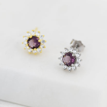 Amethyst Flower Stud Earrings in Sterling Silver, Gold or Silver, Simulated Amethyst Purple CZ Earrings, Purple CZ Flower Earrings