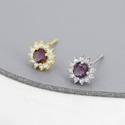 Amethyst Flower Stud Earrings in Sterling Silver, Gold or Silver, Simulated Amethyst Purple CZ Earrings, Purple CZ Flower Earrings