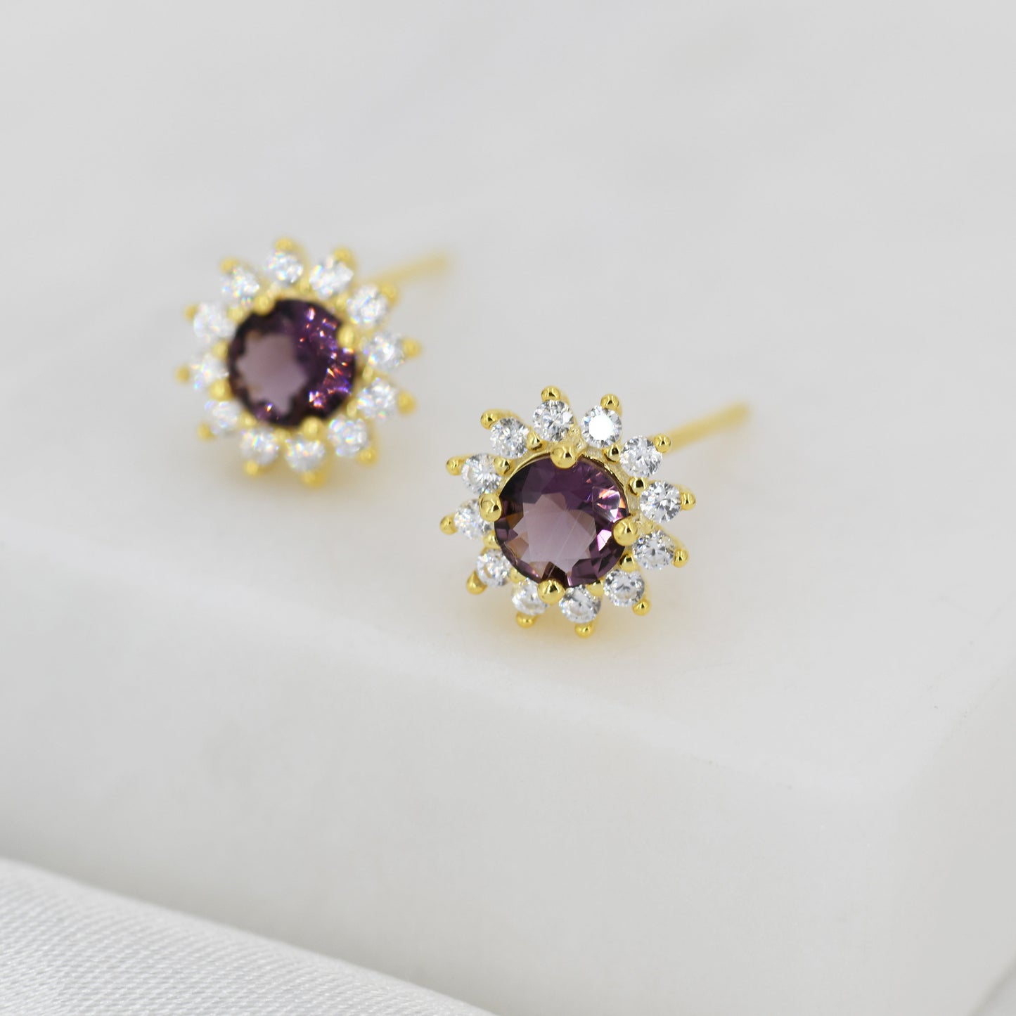 Amethyst Flower Stud Earrings in Sterling Silver, Gold or Silver, Simulated Amethyst Purple CZ Earrings, Purple CZ Flower Earrings