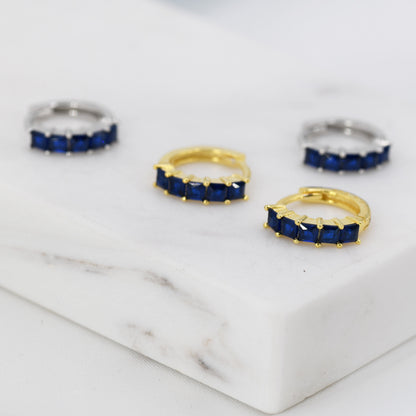 Sapphire Blue CZ Huggie Hoop in Sterling Silver, Silver or Gold, Minimalist Simple Hoop Earrings,