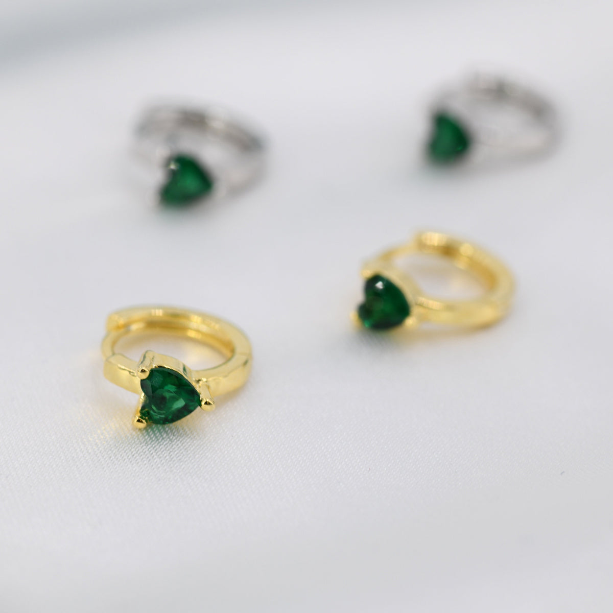 Emerald Green Heart CZ Huggie Hoop in Sterling Silver, Silver or Gold, 8mm Inner Diameter, Stacking Earrings
