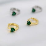 Emerald Green Heart CZ Huggie Hoop in Sterling Silver, Silver or Gold, 8mm Inner Diameter, Stacking Earrings