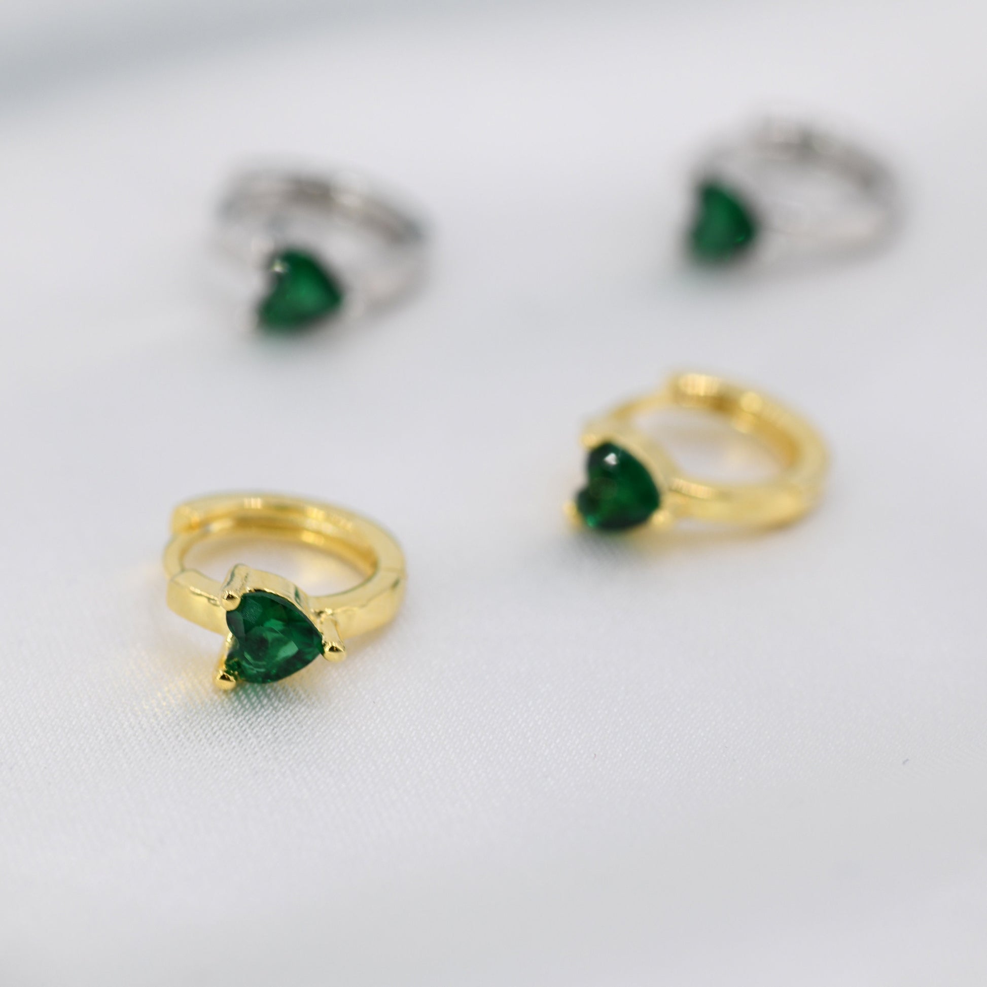 Emerald Green Heart CZ Huggie Hoop in Sterling Silver, Silver or Gold, 8mm Inner Diameter, Stacking Earrings