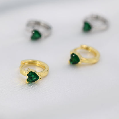 Emerald Green Heart CZ Huggie Hoop in Sterling Silver, Silver or Gold, 8mm Inner Diameter, Stacking Earrings