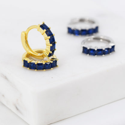 Sapphire Blue CZ Huggie Hoop in Sterling Silver, Silver or Gold, Minimalist Simple Hoop Earrings,