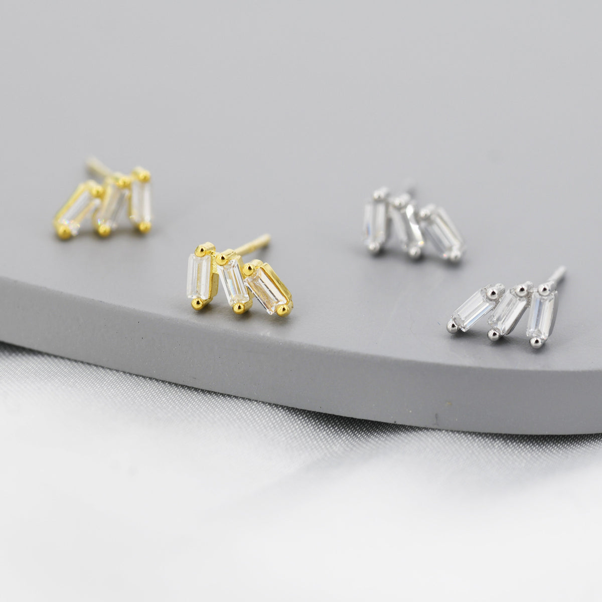 Baguette CZ Trio Stud Earrings in Sterling Silver, Silver or Gold, Irregular Shaped CZ Cluster Earrings, Stacking Earrings