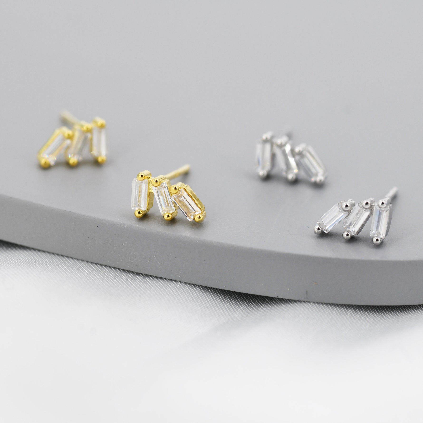Baguette CZ Trio Stud Earrings in Sterling Silver, Silver or Gold, Irregular Shaped CZ Cluster Earrings, Stacking Earrings