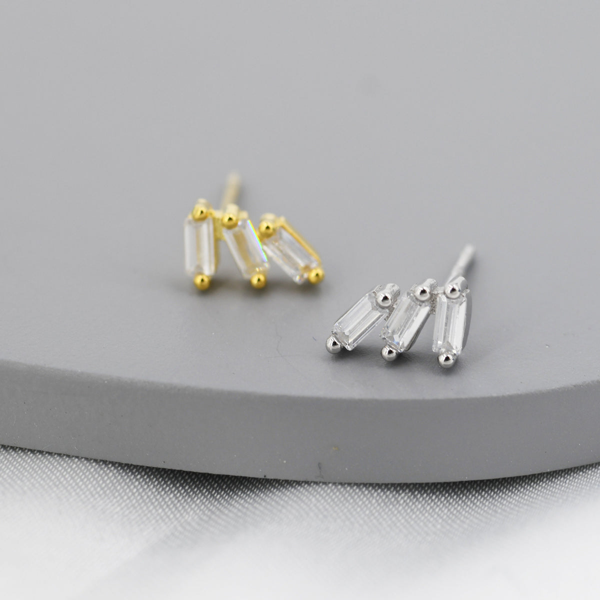 Baguette CZ Trio Stud Earrings in Sterling Silver, Silver or Gold, Irregular Shaped CZ Cluster Earrings, Stacking Earrings