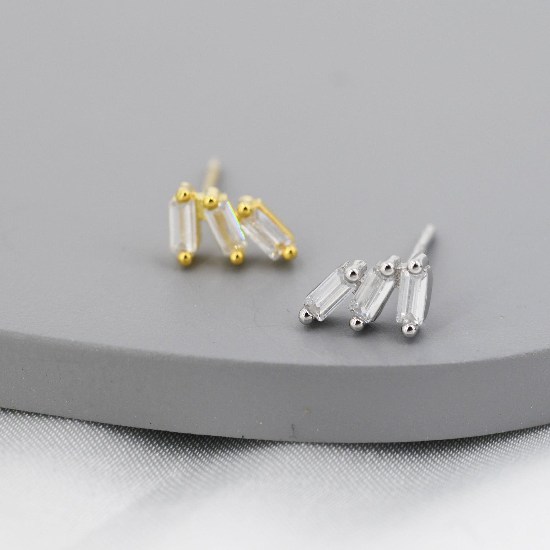 Baguette CZ Trio Stud Earrings in Sterling Silver, Silver or Gold, Irregular Shaped CZ Cluster Earrings, Stacking Earrings