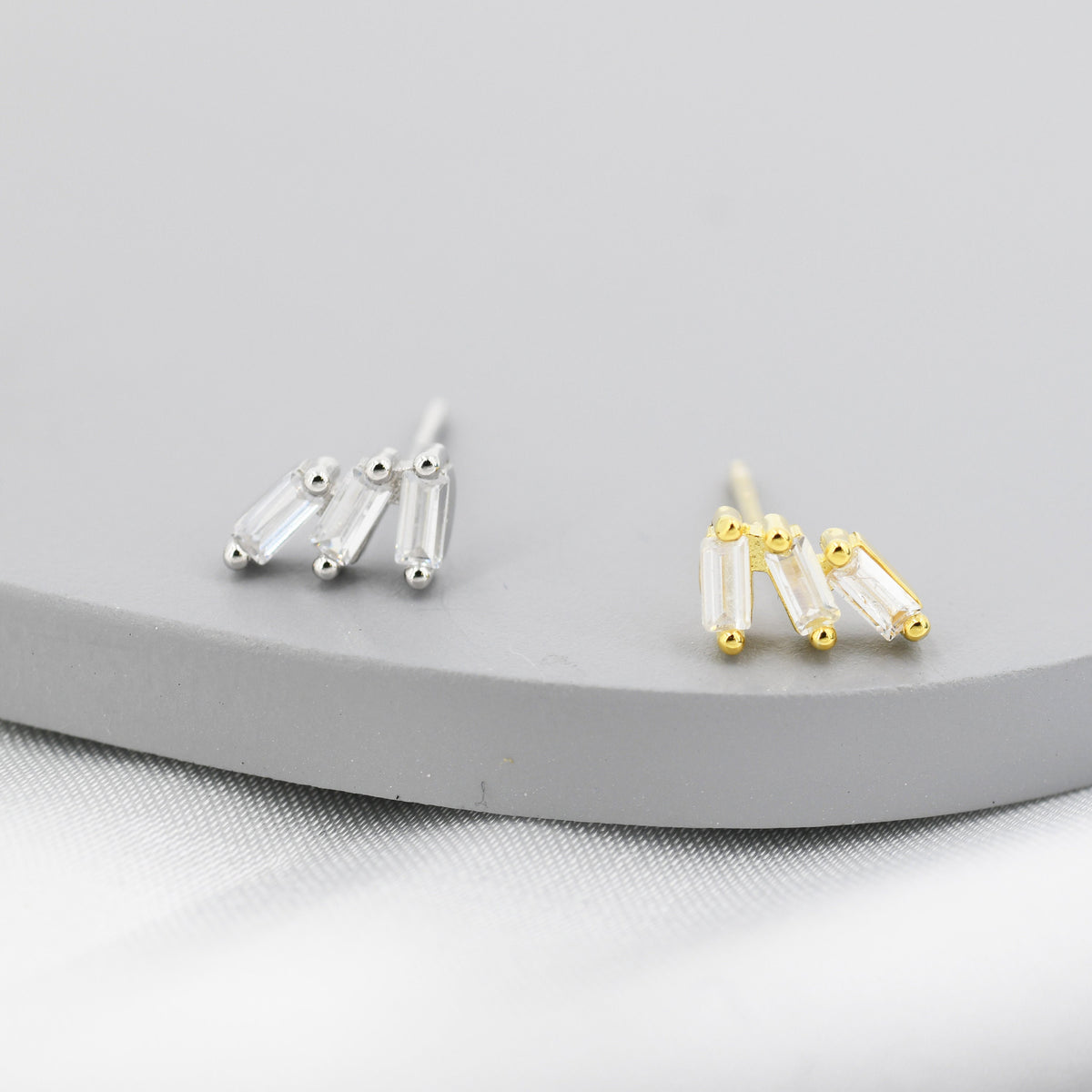 Baguette CZ Trio Stud Earrings in Sterling Silver, Silver or Gold, Irregular Shaped CZ Cluster Earrings, Stacking Earrings