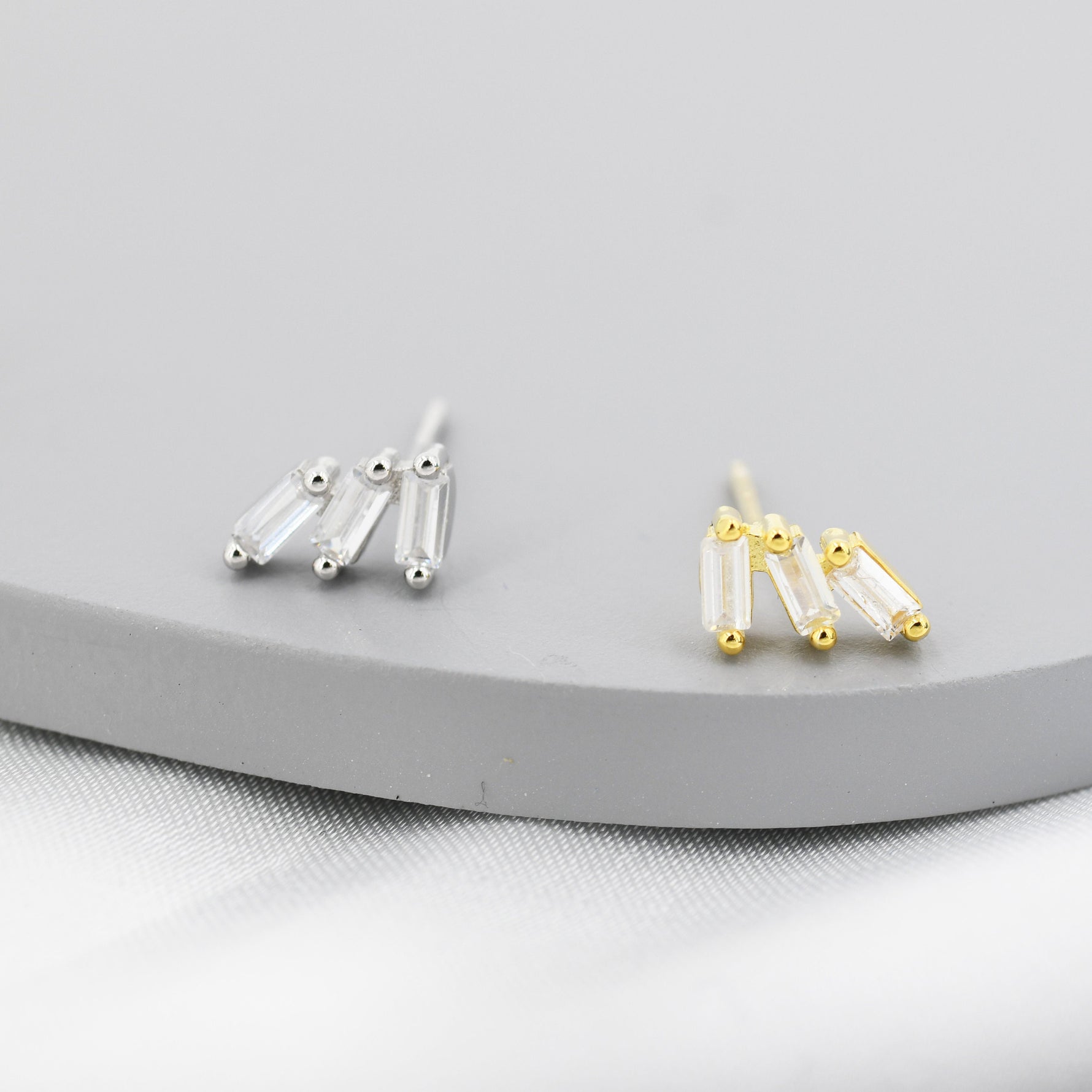 Baguette CZ Trio Stud Earrings in Sterling Silver, Silver or Gold, Irregular Shaped CZ Cluster Earrings, Stacking Earrings