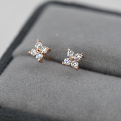 CZ Flower Stud Earrings in Sterling Silver, Rose Gold Over Sterling Silver, Hydrangea Flower Earrings, Four CZ Earrings