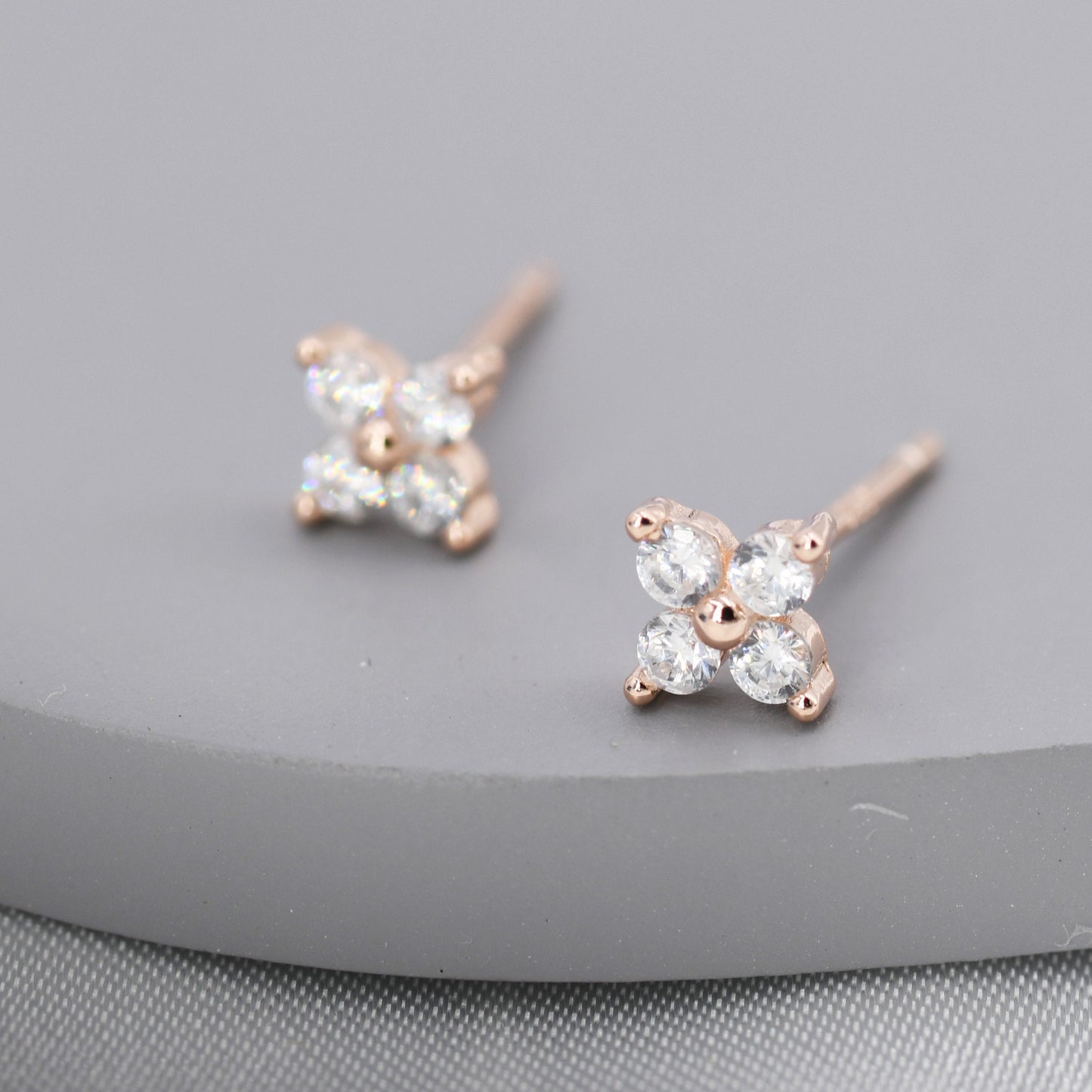 CZ Flower Stud Earrings in Sterling Silver, Rose Gold Over Sterling Silver, Hydrangea Flower Earrings, Four CZ Earrings