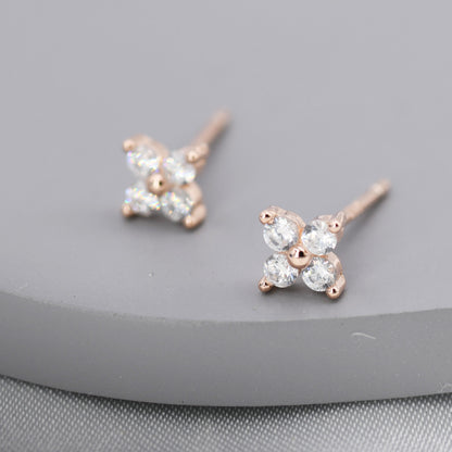 CZ Flower Stud Earrings in Sterling Silver, Rose Gold Over Sterling Silver, Hydrangea Flower Earrings, Four CZ Earrings